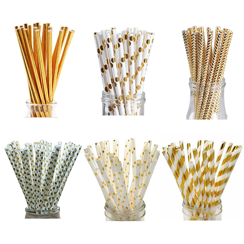 197mm 6mm Chevron Foil Gold Bendable Paper Drinking Straws