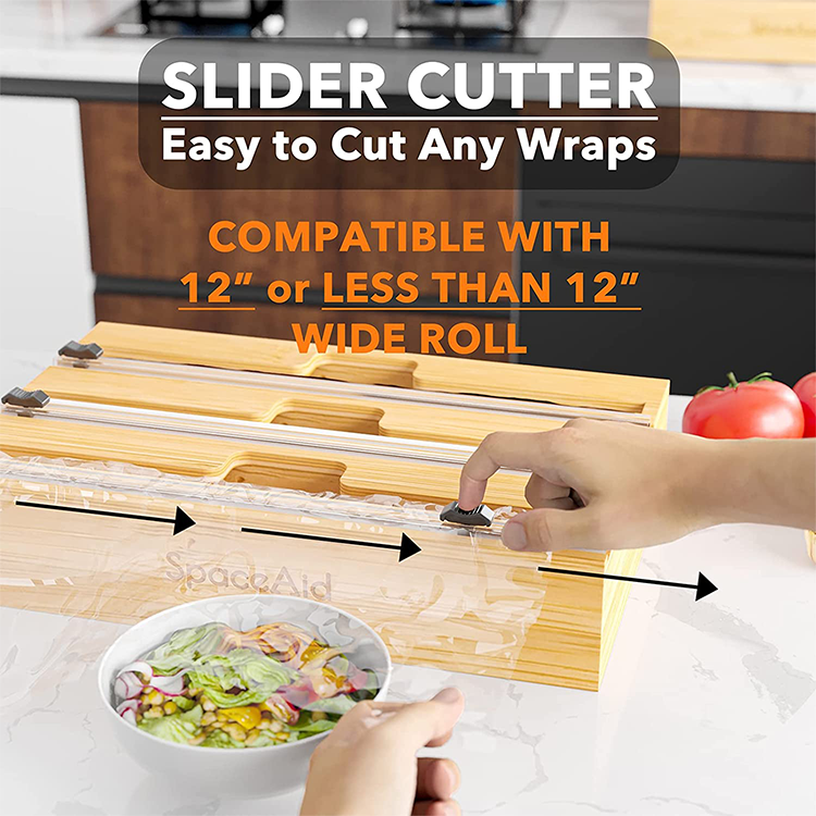 Stylish Bamboo Drawer Zip Lock Kitchen Foil Plastic Wrap Dispenser with Slide Cutter