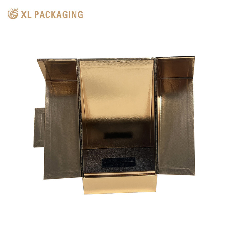 Gold Glossy Paper Wine Packaging Box Two Door Magnet Vodka Whisky Packaging Box