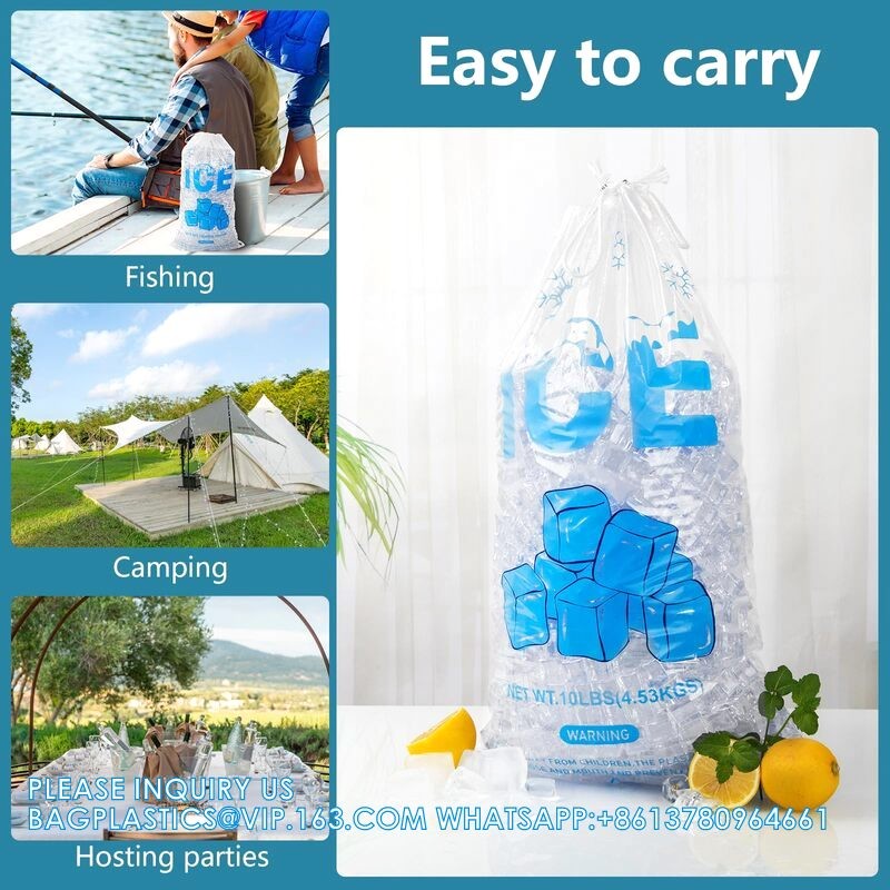 Reusable Ice Pattern Design Printing 2mil Thickness Heavy-Duty Plastic Ice Cube Storage Bags With Cotton Drawstring