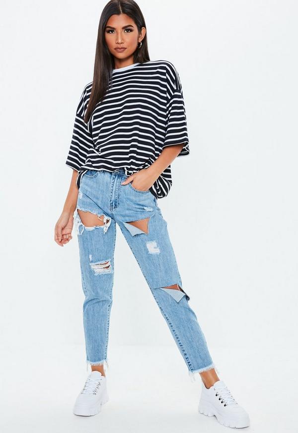 Oversized Custom Stripe Drop Shoulder T Shirt Printing