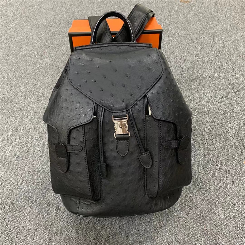 Unisex Style Authentic Ostrich Skin Drawstring Closure Women Men Backpack Genuine Leather Female Male Travel Bag Pack
