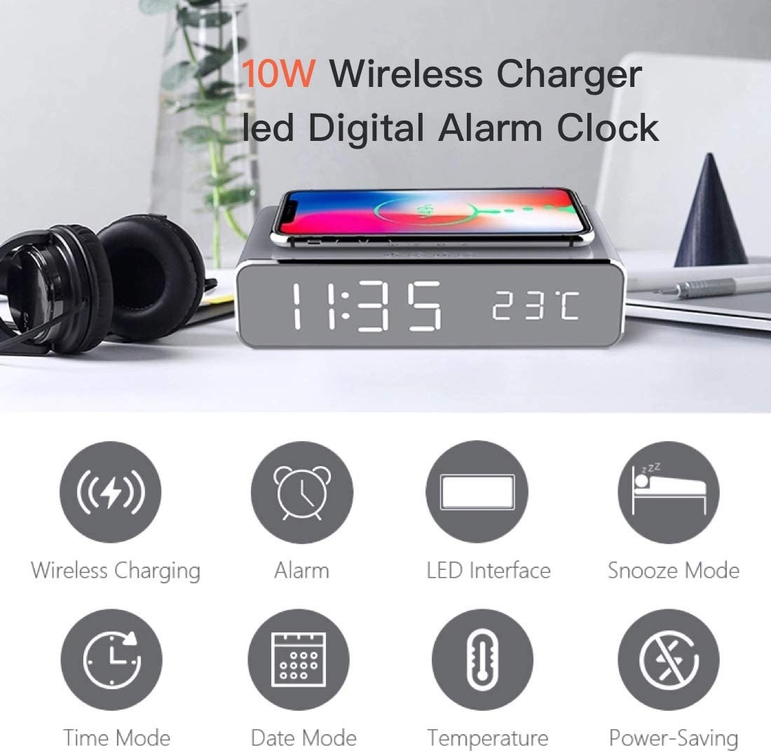 10watts Alarm Clock Wireless Charger LED Temperature Digital Display