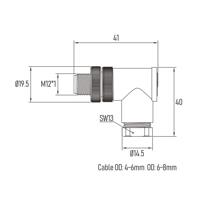Right Angled Field Installation M12 Connector 5 Pin A Code Screw Termination Pg9