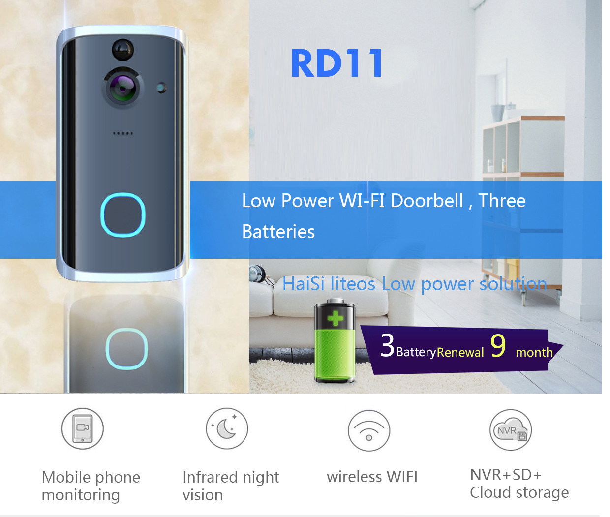 HFSecurity RD11 Wide Angel WIFI VIsua Real Time Two Way Audiol Door Bell