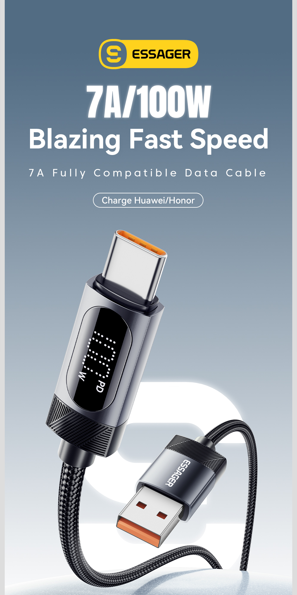 ESSAGER ES-X64 Series 7A LED Display USB Charing Data Cable USB to Type C