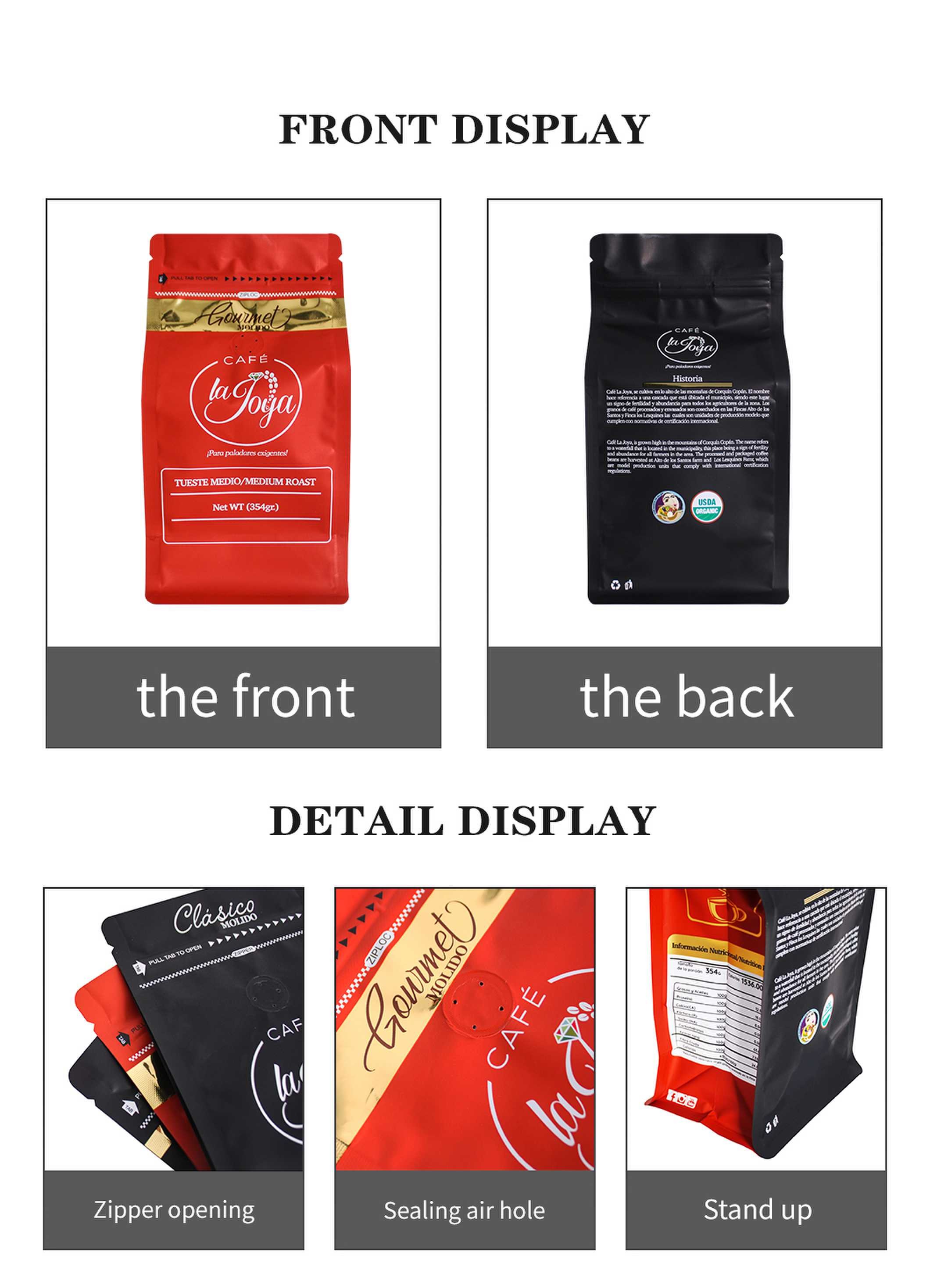 16oz High glossy box bottom roasted coffee beans bag with zipper and valve