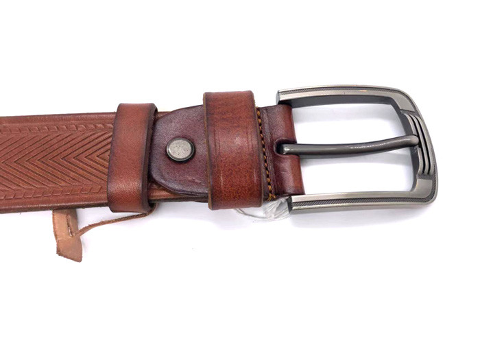 Tan Color Embossed Leather Belt Prong Buckle Adjustable 4.0mm Thick