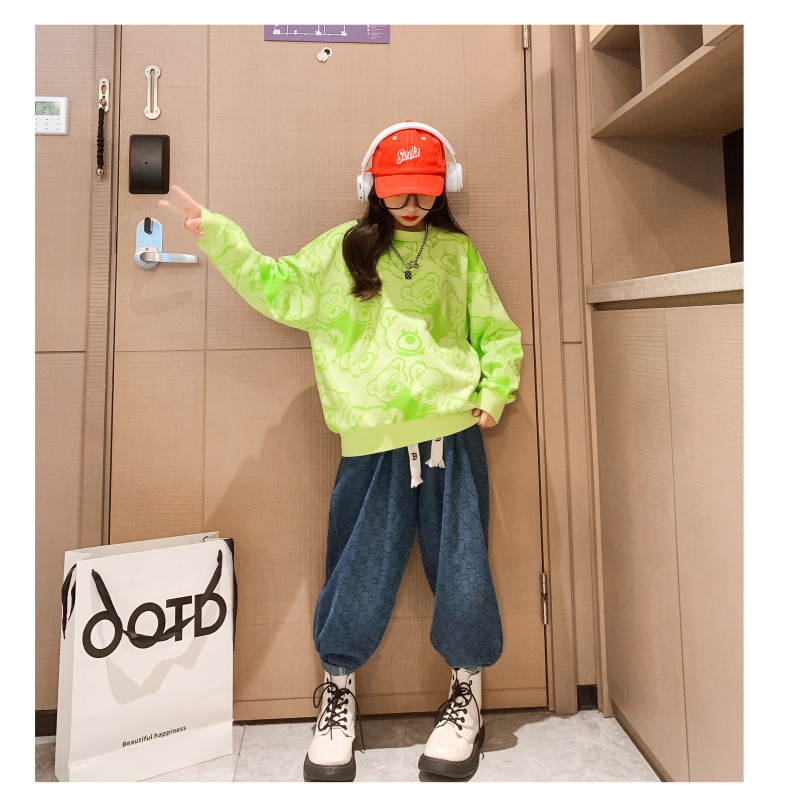 Fluorescent Green Bear Print Fashion Childrens Clothes Girls Cartoon Two Piece Set Korean Edition