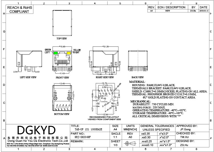 KRJ-SH204HF Shielded Tap-up 1000 BASE Single port cat6 RJ45 Modular Jack with internal magnetics