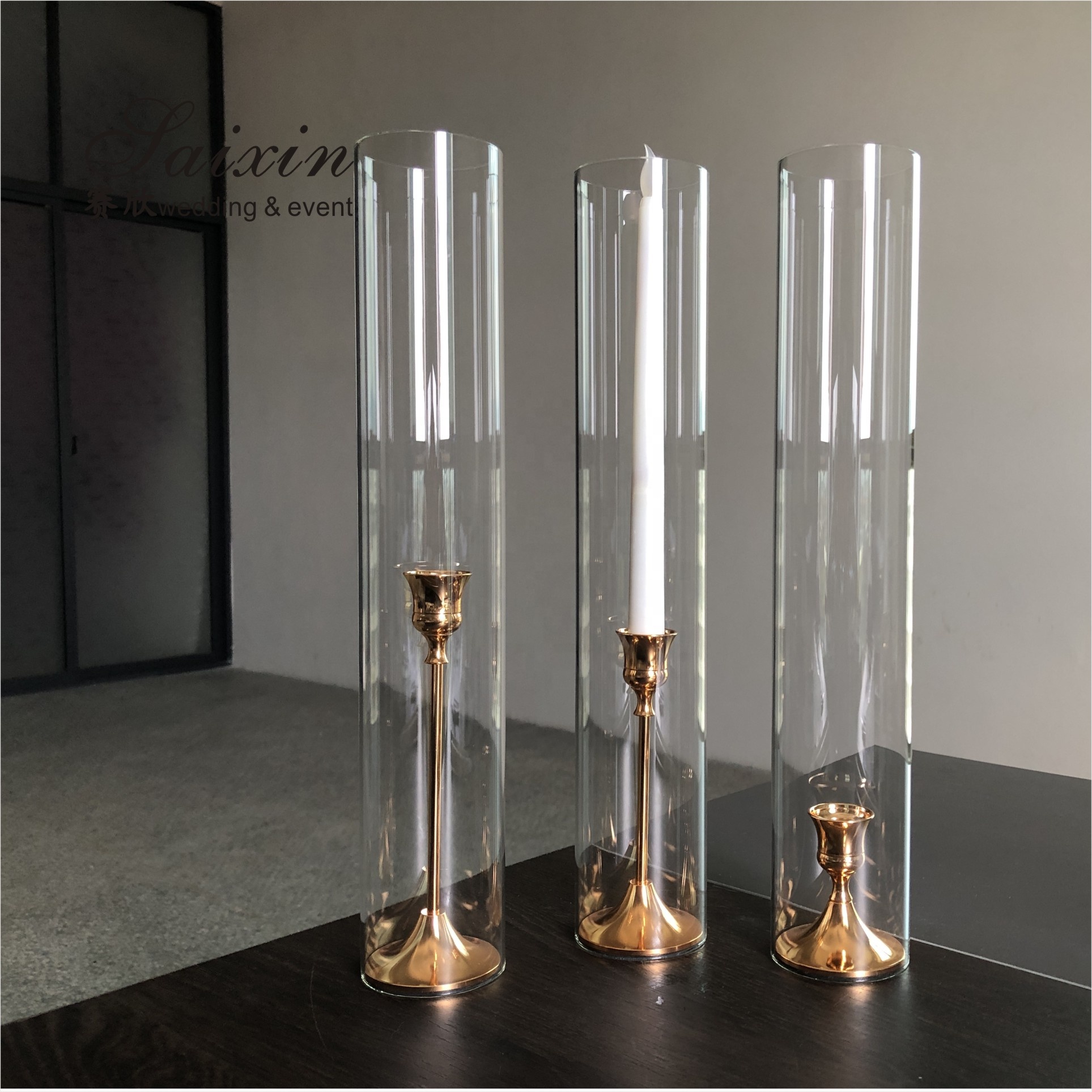 Gold Pillar Wedding Candle Holders Tall 4pcs Set Champagne 40cm
