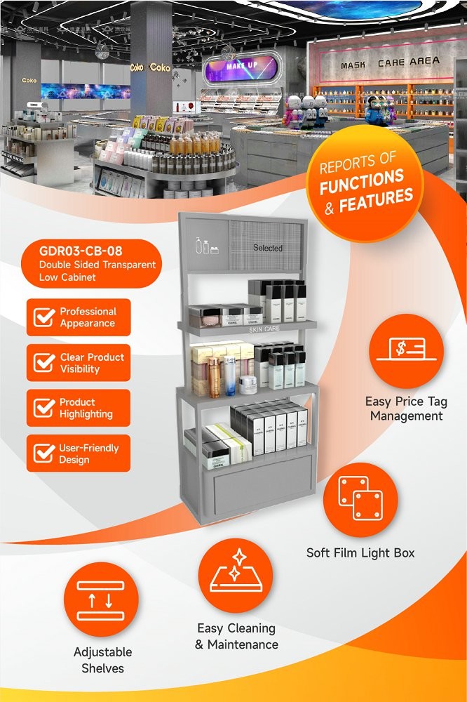 GDR03-CB-08 Double Sided Transparent Low Cabinet with Adjustable Shelves and Luxury Branding Integration for Specialty Beauty Stores