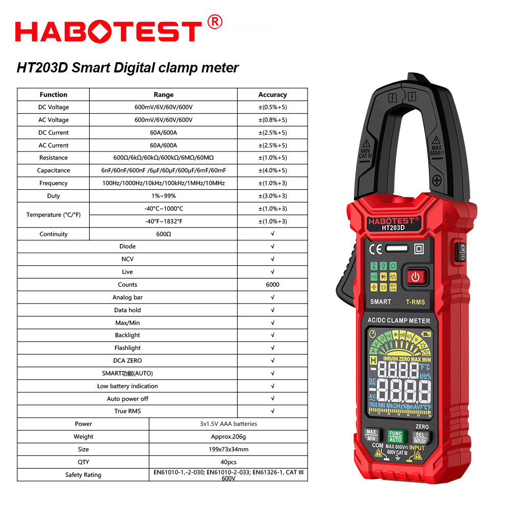 HT203D Digital Clamp Meter Multimeter AC Current And AC/DC Voltage Tester With Amp Ohm Continuity Hz Tester Voltmer