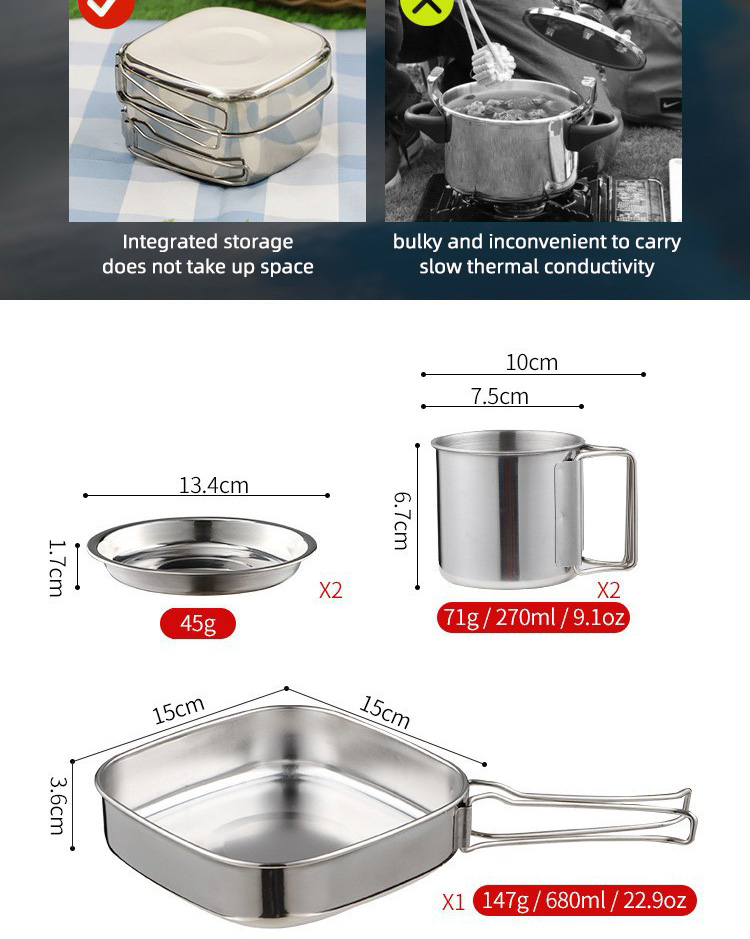 Lightweight Backpacking Outdoor Kitchen Picnic Pot Pan Stainless Steel 6 PCS Camping Cookware Set For Out Door Hiking