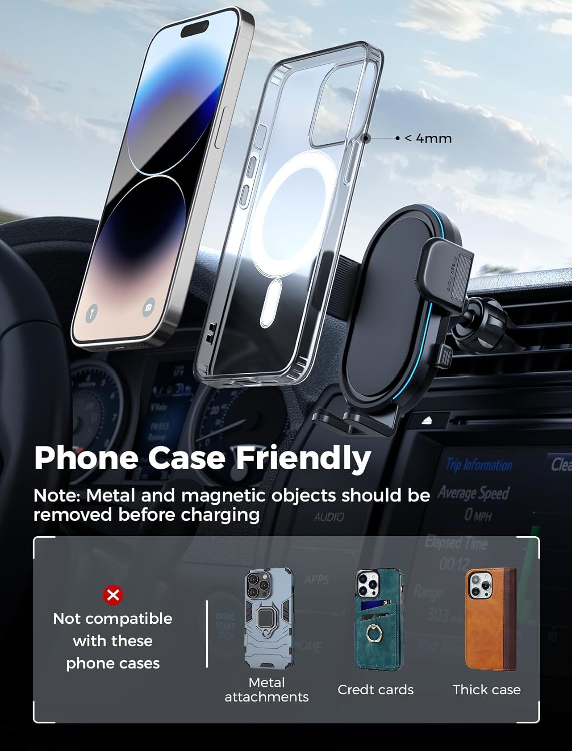 LED Lights Wireless Car Charger 15W 10W 7.5W With Dashboard Windshield Vent