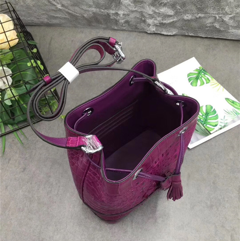 Authentic Crocodile Skin Drawstring Closure Women's Bucket Purse Exotic Alligator Leather Lady Small Tassel Shoulder Bag