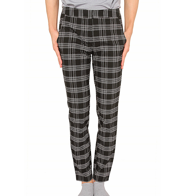 Stockpapa Black And Coffee Half Elastic Waist Plaid Skinny Pants womens