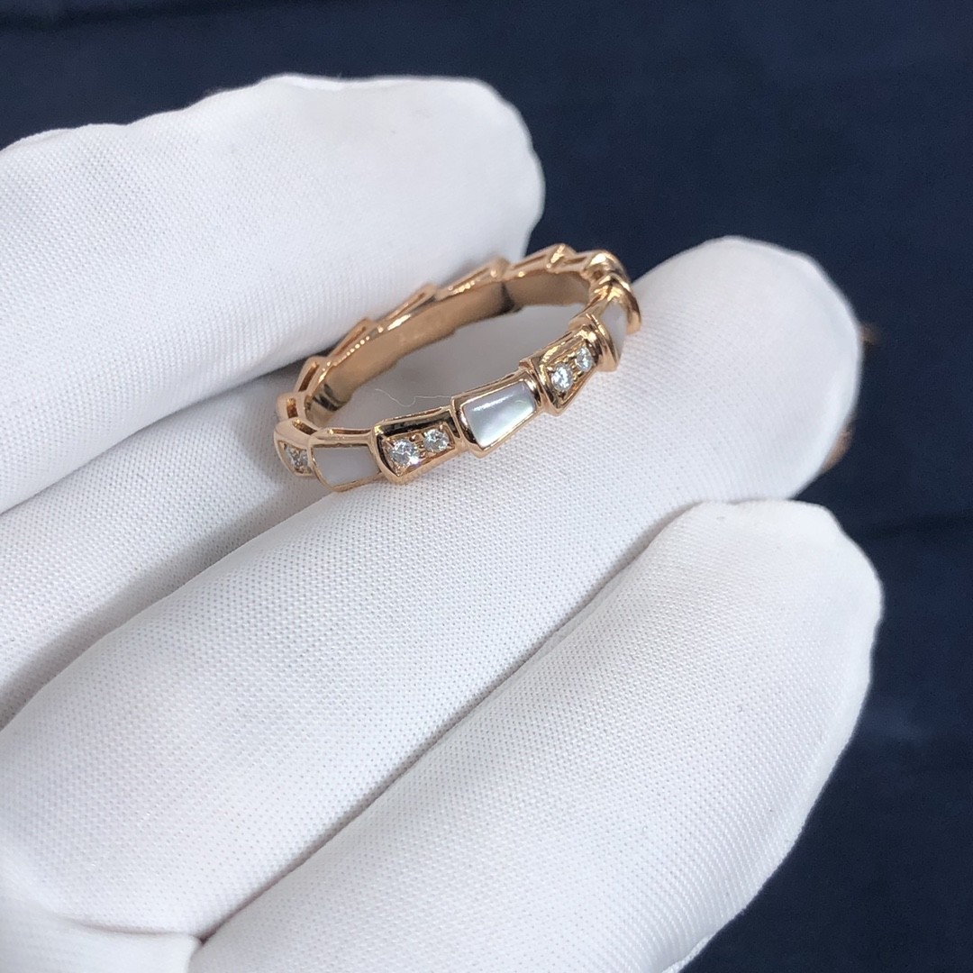Elegant 18K Gold Diamonds Serpenti Viper Ring Diamond With White MOP Ring Yellow Gold White Gold