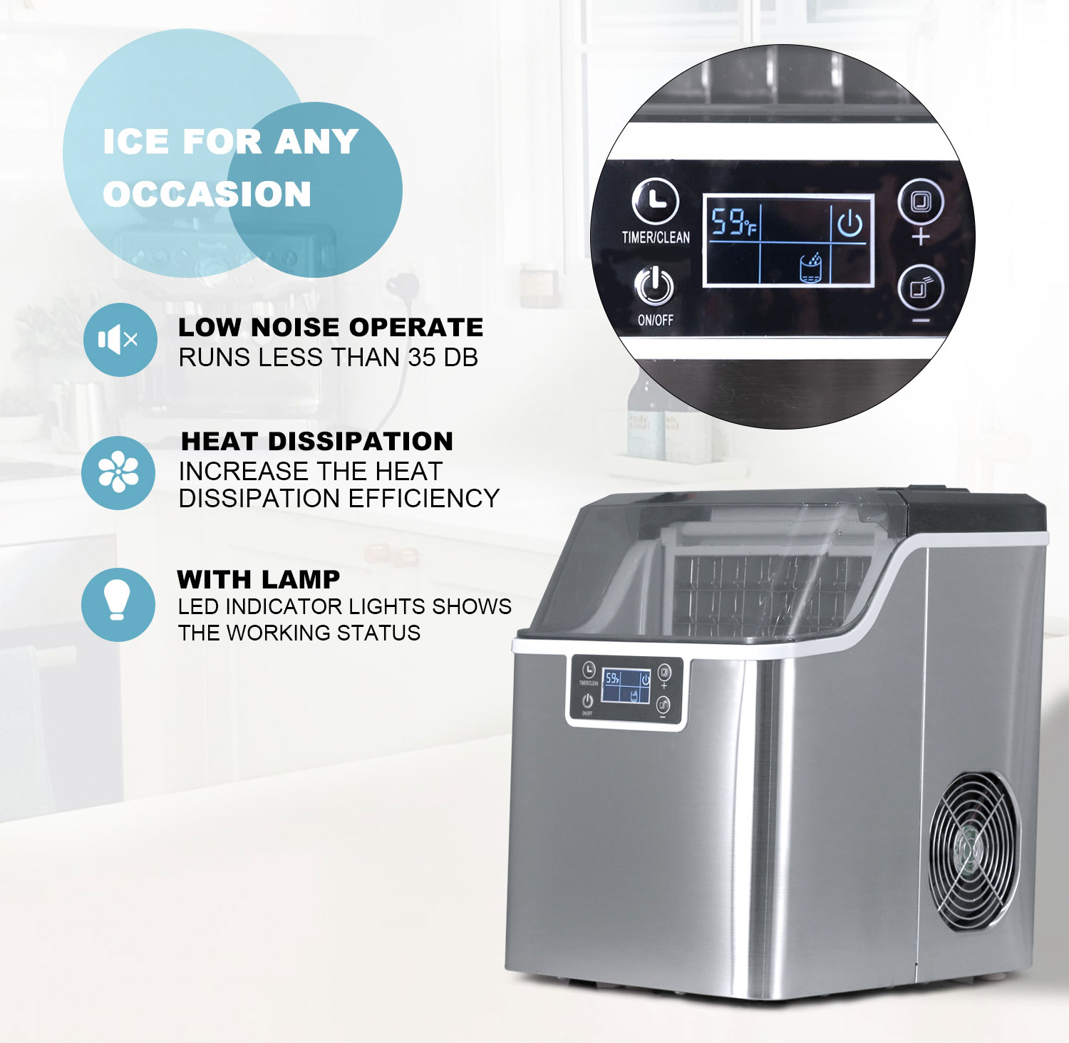 Household 20kg/24H Mini Ice Maker Cube Water Dispenser with Automatic Water Intake and Push Button Control Panel