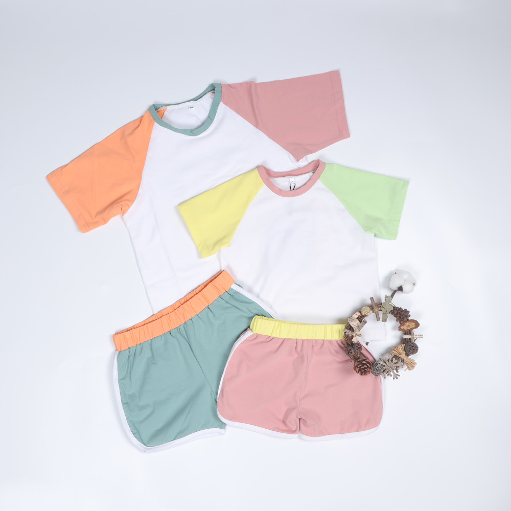 Organic Cotton Unisex Child Street Wear Color Block Biker Short Set