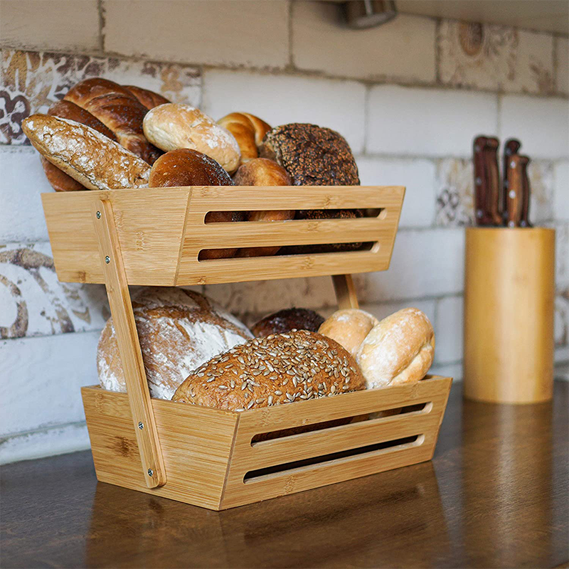 Highly Customized Bamboo 2 Tier Fruit Basket for Kitchen Countertop Storage Organizer