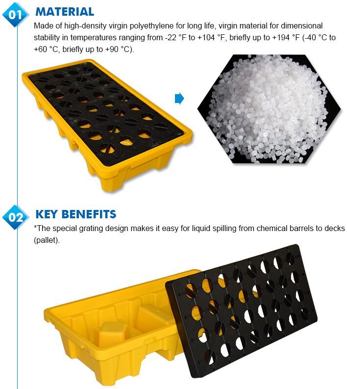 Detachable plastic 4 drum oil spill pallet, 1300*660*150 mm 2 drum spill containment pallet, Nestable 2 drum spill conta