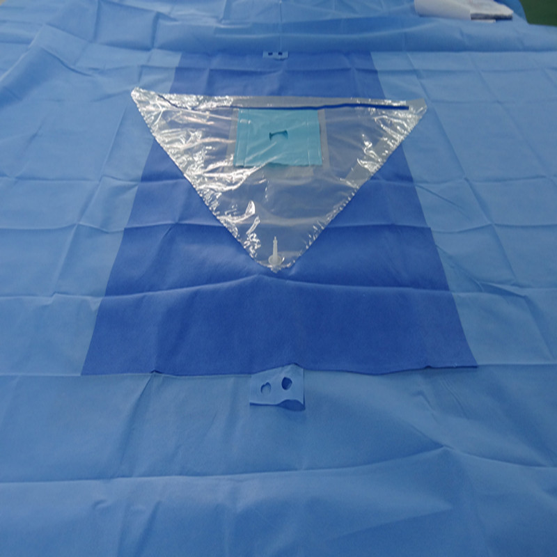 Blue SMS Knee Arthroscopy Orthopedic Drape With Collection Pouch and Elastic Fenestration