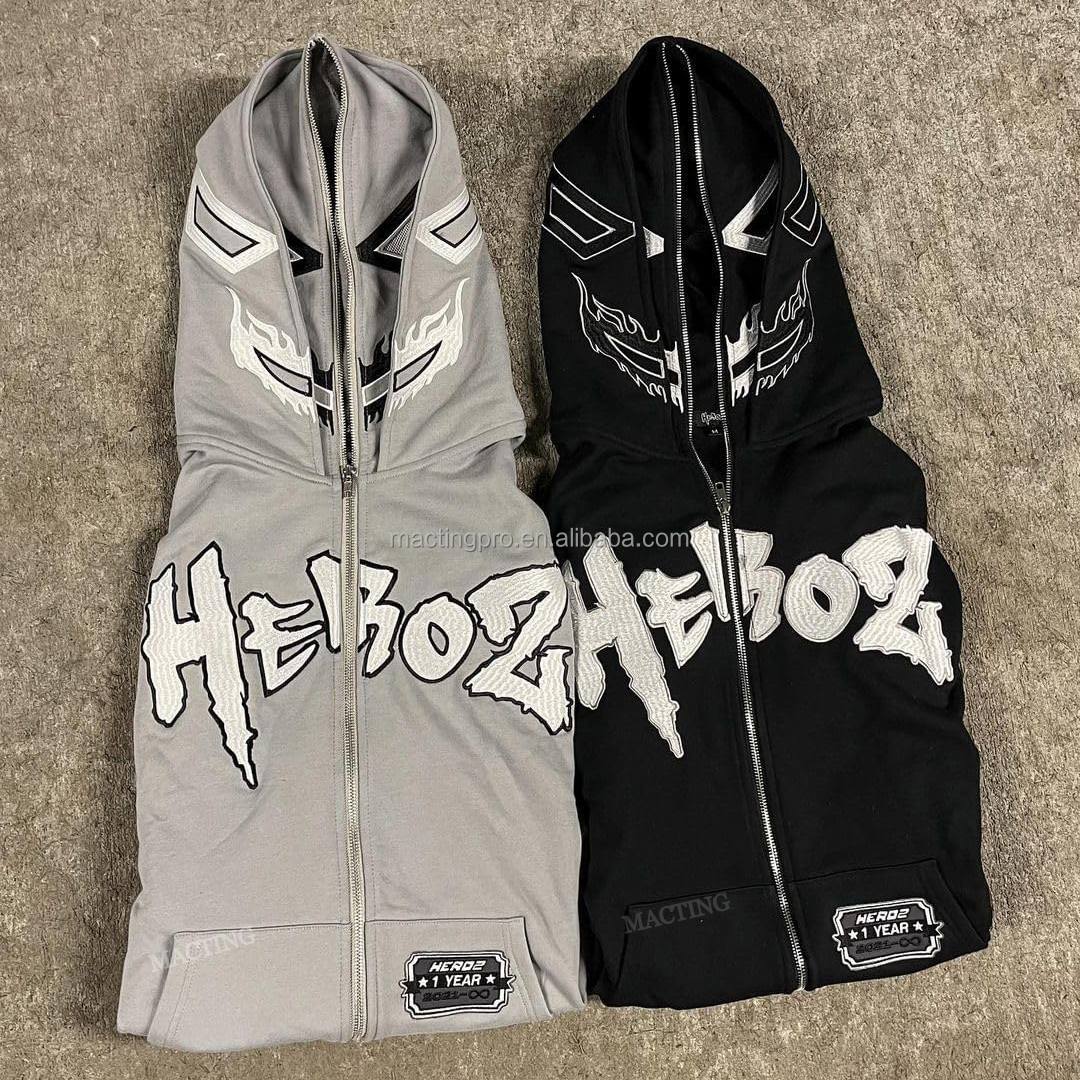 500 gsm Heavyweight Cotton Double Hoods Printed Custom Hoodies Full Face Zip Up for Men