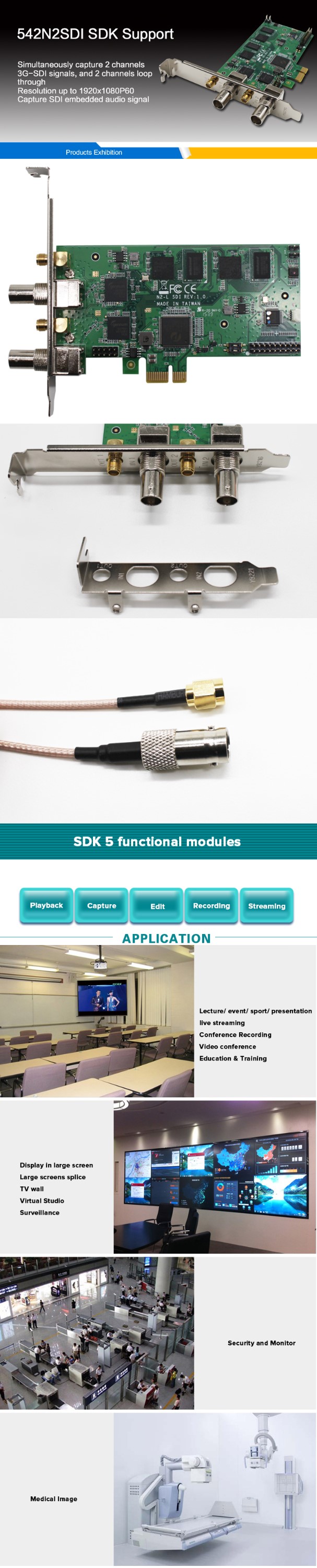 2 Channel 3G-SDI Video Capture Card With Loop Through And 1080P60 PCIE SDK Support