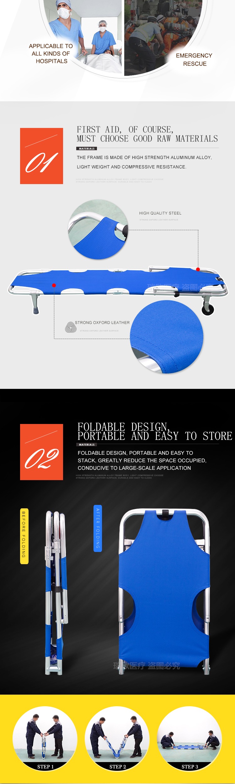 Aluminum Alloy Lightweight Foldable Stretcher CE Standard Folding Medical Stretcher