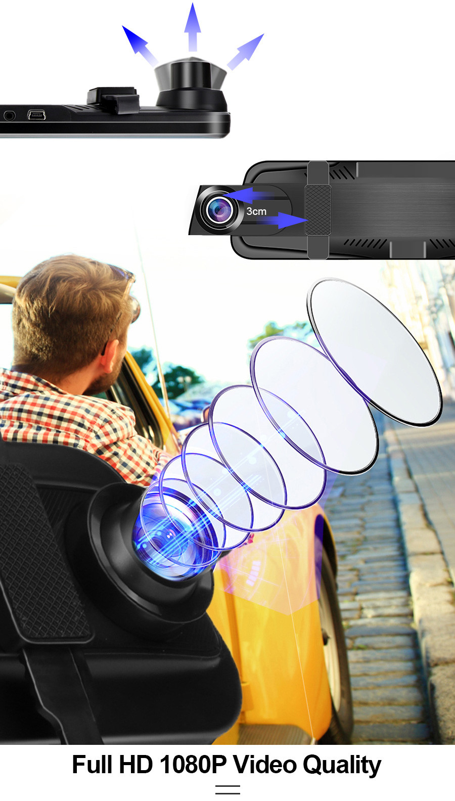 9.66 Inch Dual Wireless Dashboard Camera Dash Cam Video Driving Recorder 170 Degree