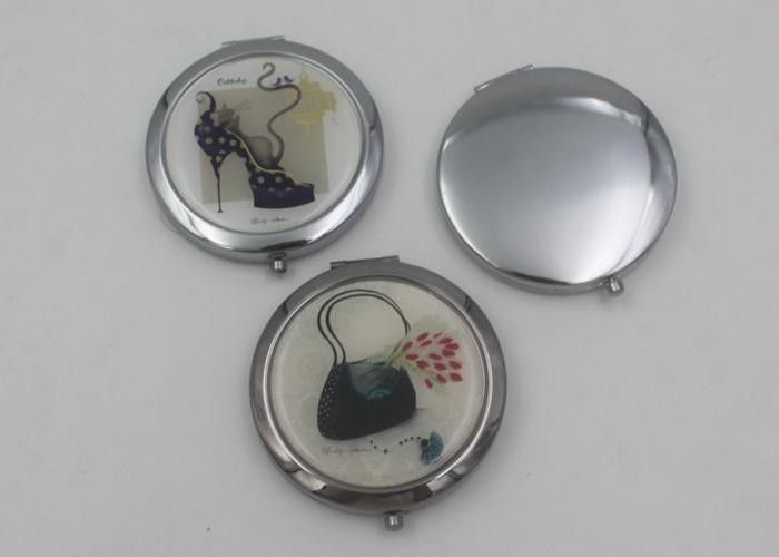 Silver Metal Hand Travel Round Makeup Mirror 2 Sided For Advertising In Supermarket