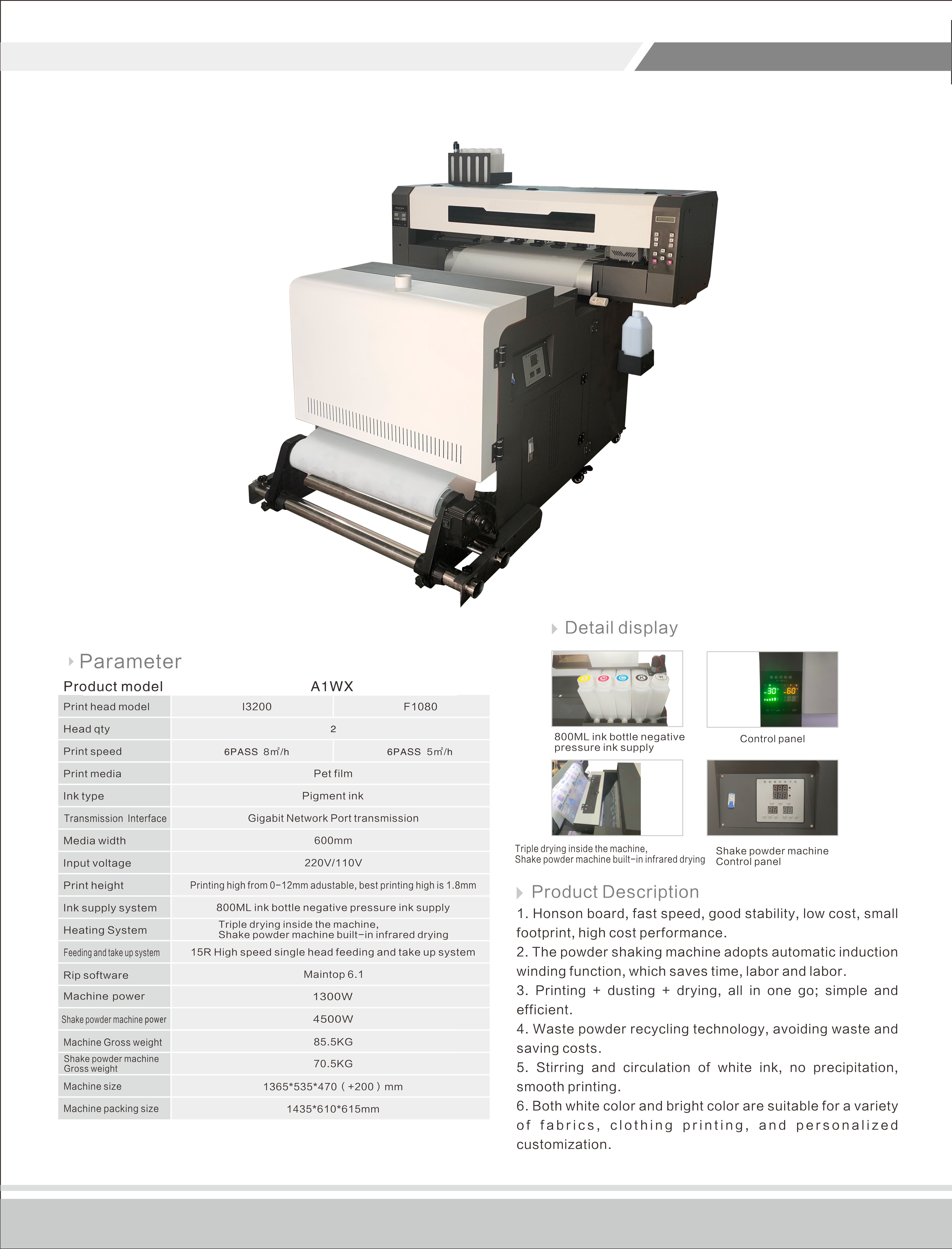 Inkjet Printer with Powder Shaker Dryer All-in-One XP600 I3200 Printhead 60cm/24inch