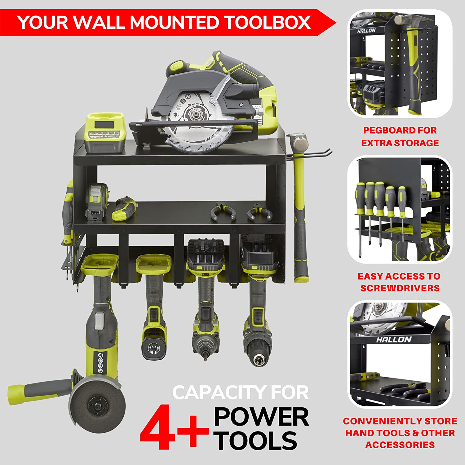 Carved Power Tool Organizer Wall Mount for Neatening and Storage of Heavy Duty Drills