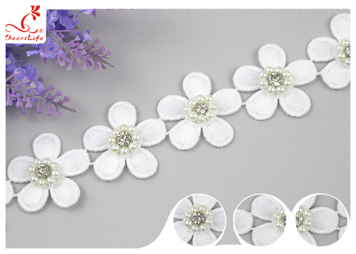 3D Floral Embroidered Trim With Bead Diamond For Dress Decoration 3.5 CM Width