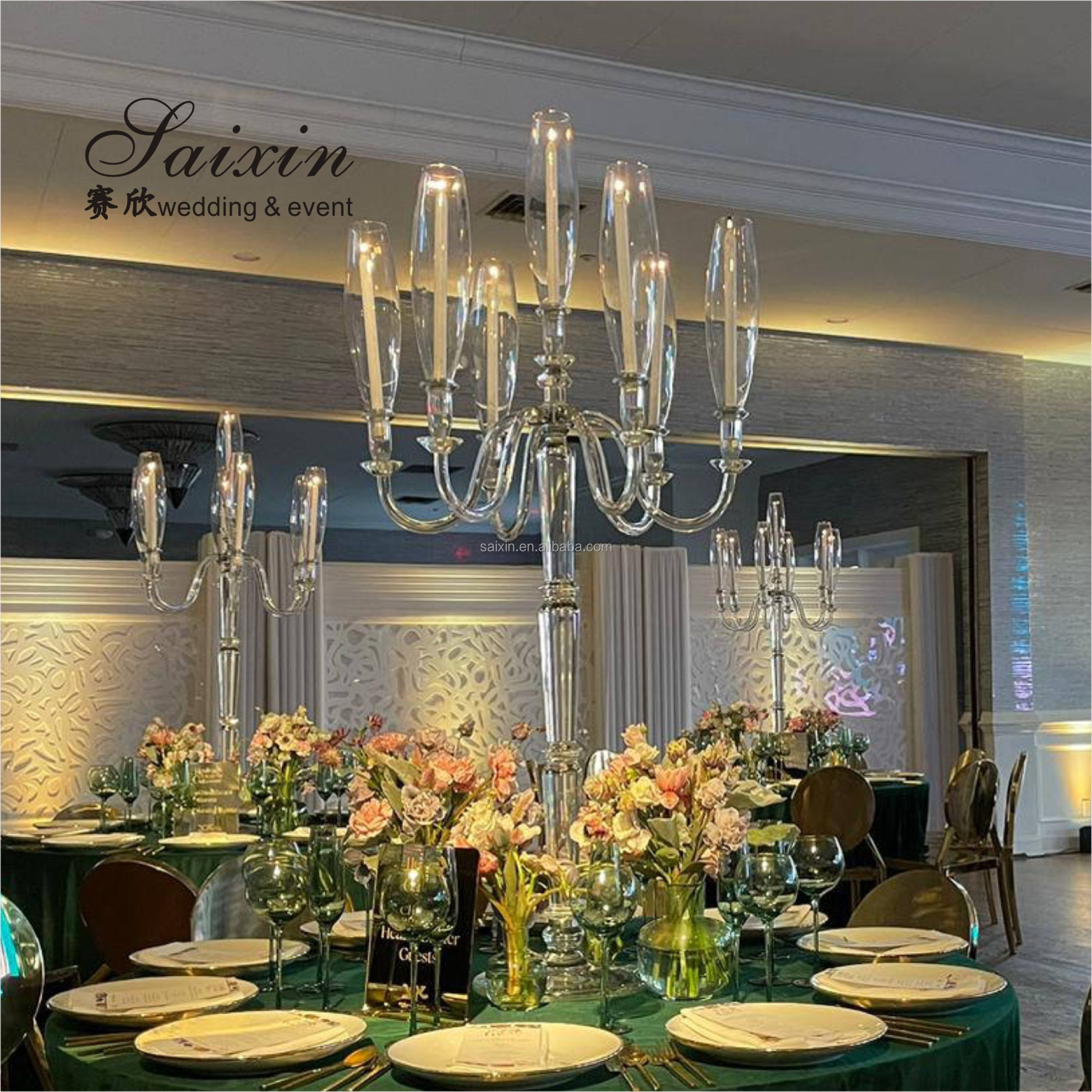 Saixin new design 3 pcs set black metal candle holder for wedding table decoration