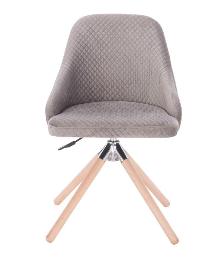 Square Velvet Grey Upholstered Office Chair With Wooden Swivel Leg