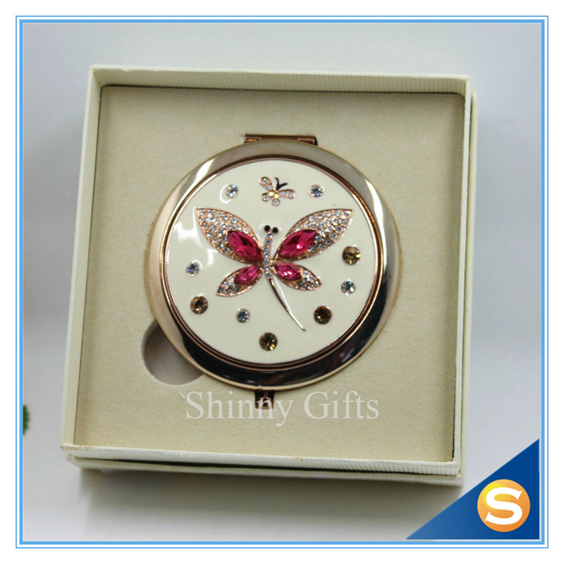 Shinny Gifts Butterfly Design Rhinestone Pocket Mirror Metal Handbag Mirror