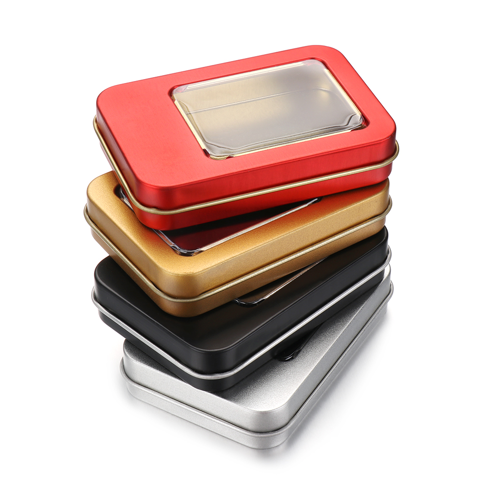 115x85x22mm Tin Box With Clear Window , Multicolor Small Metal Hinged Tins