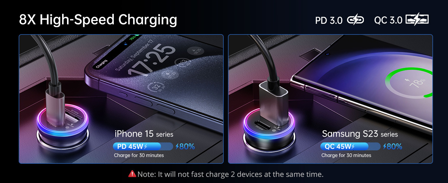 USB C Car Charger PD QC 45W For IPhone 15 Cigarette Lighter USB Charger Adapter