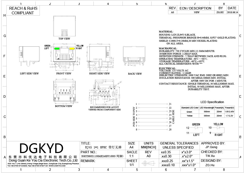 DGKYD60S1188AB2A6DY1008 60S Single Port TAB UP RJ45 Network Connector With LED