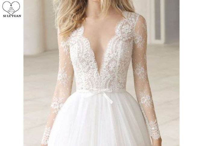 Simple Elegant Deep V Neck Wedding Gown Long Sleeve Backless Tulle Big Tail