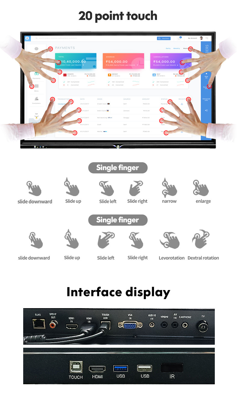 65 Inch 400CD/M2 Dual Screen LCD Interactive Whiteboard 20 Point Multi Touch