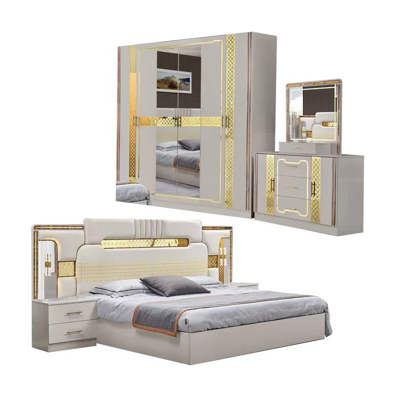 Turkish Luxury Style Wooden Frame King Size Bed Set Led Headboard Modern Classic Full Home Wood Bedroom Sets Furniture