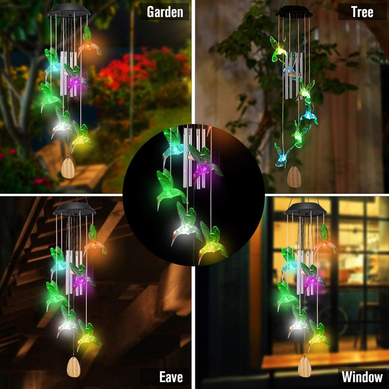 Color Changing Solar Power Wind Chime Hummingbird Butterfly Waterproof Outdoor Christmas Decoration Light for Patio Yard Garden
