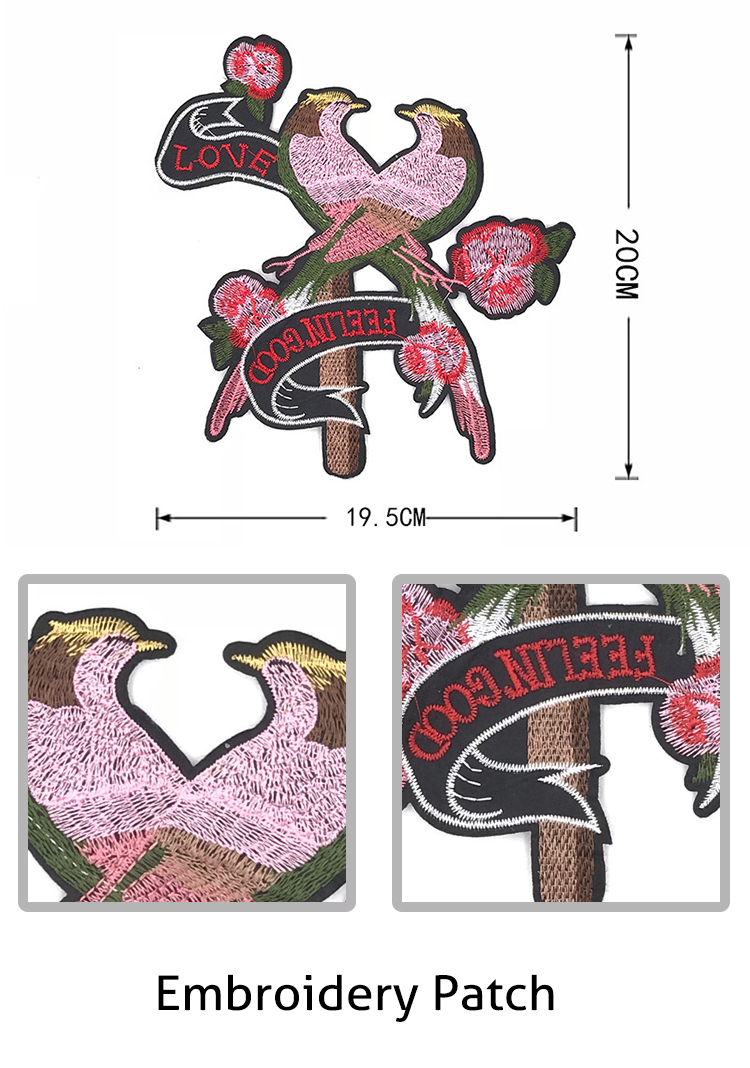 Pink Loving Bird Iron On Patches Elegant Cartoon Animal Design Customized Logo