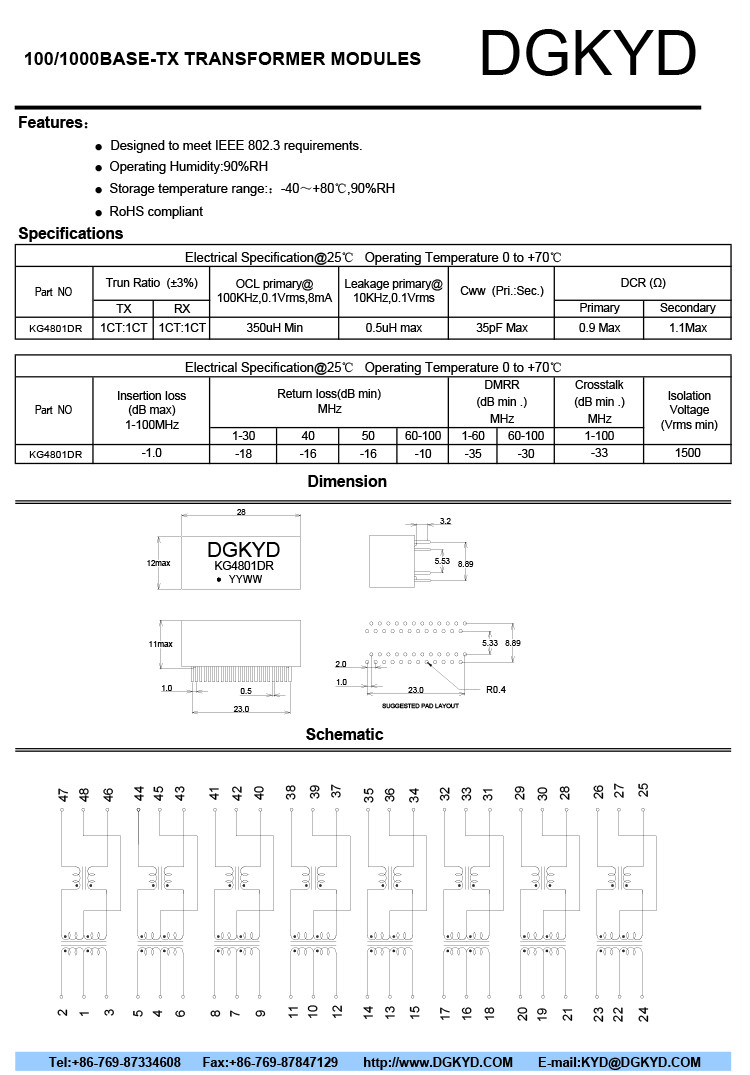 DIP 100/1000 Cat6 Gigabyte Ethernet Transformer Modules KG4801DR