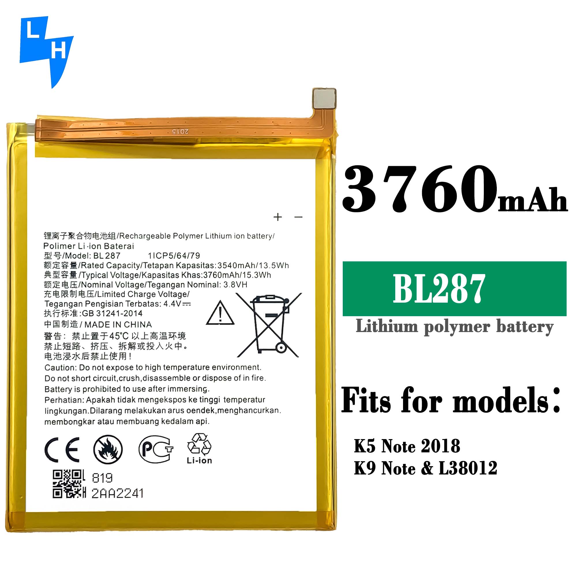 High capacity and performance BL287 battery for Lenovo K9 Note 2018 Black mobile phone