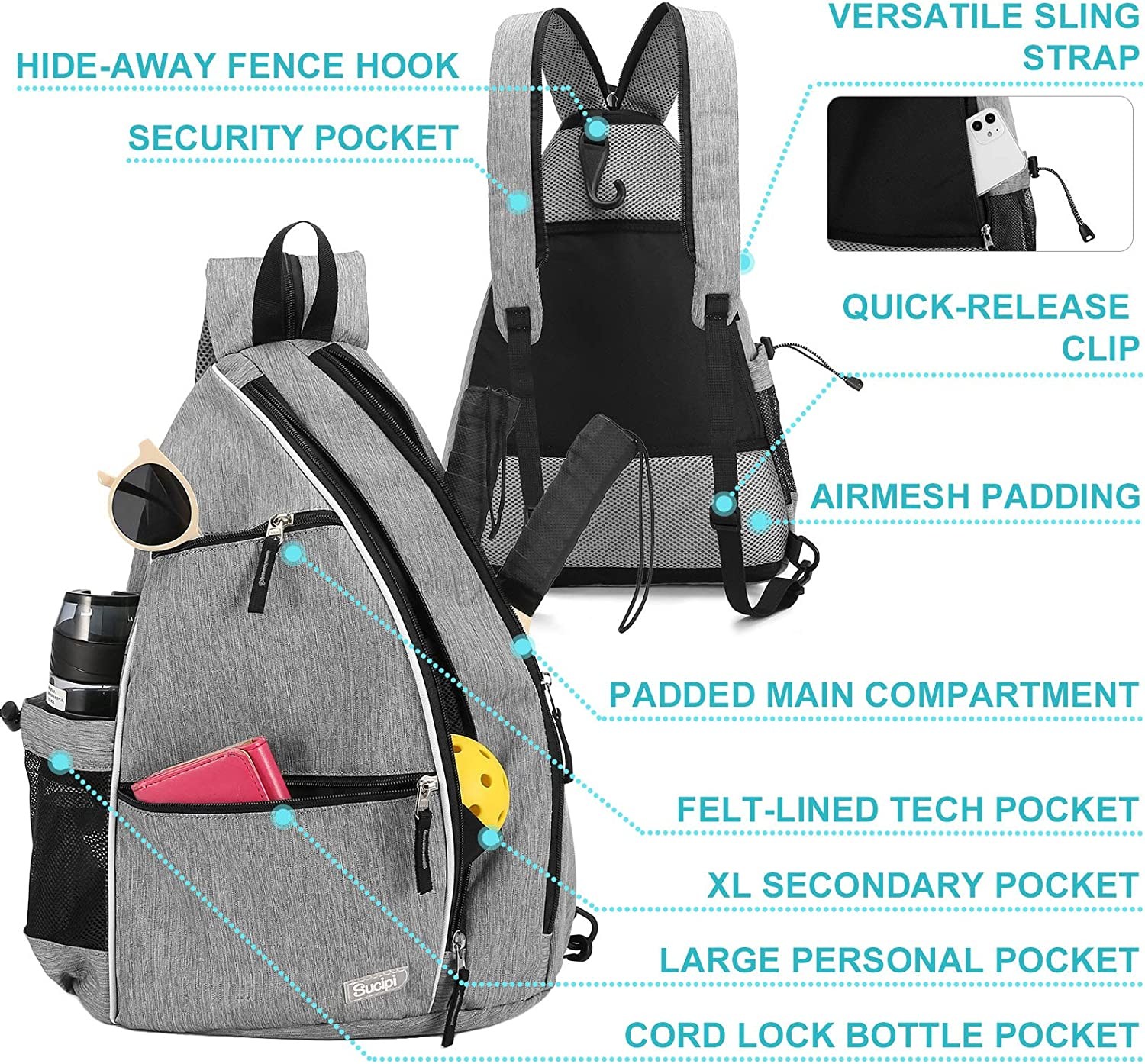Sling Pickleball Racket Bag Lightweight With Drawstring Hence Hook