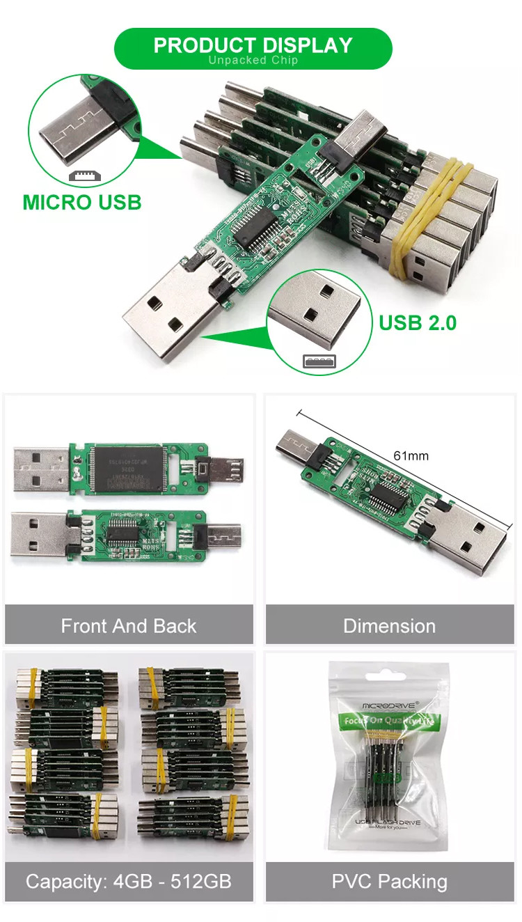 Flash Drive USB Type C Chip 256g 128G 64G 32G 16G 8G Pcba Chip 2.0 3.0
